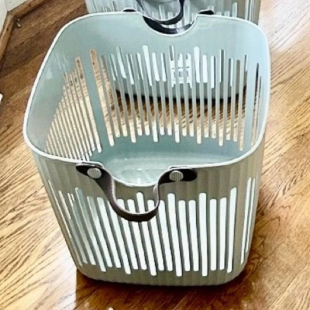 Scandinavian Light Gray Storage Basket Leather Handles Rounded Square